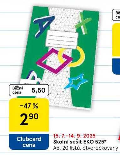 Školní sešit EKO 525, A5, 20 listů, čtverečkovaný 