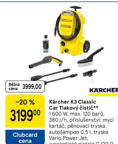 Kärcher K3 Classic Car Tlakový čistič, 1600 W, max. 120 barů, 380 1/h. příslušenství: mycí kartáč. pěnovací tryska. autošampon 0,5 I, tryska Vario Power Jet. vysokotlaká pistole 