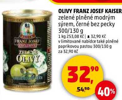 OLIVY FRANZ JOSEF KAISER zelené plněné modrým sýrem, černé bez pecky, 300/130 g 