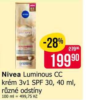 Nivea Luminous CC krém 3v1 SPF 30, 40 ml, různé odstíny 