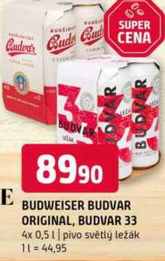 BUDWEISER BUDVAR ORIGINAL, BUDVAR 33 BUDVA 4x 0,5l