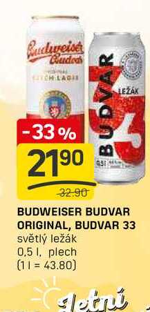 BUDVAR 33 světlý ležák 0,5 1, plech