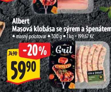 Albert Masová klobása se sýrem a špenátem  300 g