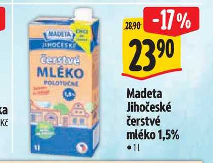  Madeta Jihočeské čerstvé mléko 1,5% 1 l