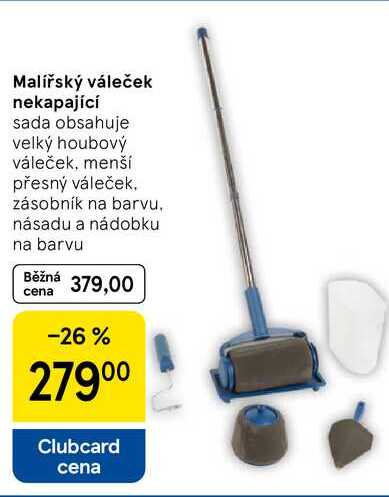 Malířský váleček nekapající, sada obsahuje velký houbový váleček, menší přesný váleček, zásobník na barvu, násadu a nádobku na barvu  