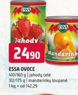 ESSA OVOCE 410/160 g jahody celé Mandarin oran 312/175 g mandarinky loupané 