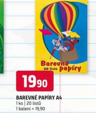 BAREVNÉ PAPÍRY A4 1 ks 20 listů 1 balení 