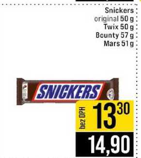 Snickers original 50 g Twix 50 g Bounty 57 g Mars 51 g 
