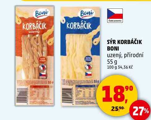 SÝR KORBÁČIK BONI uzený, přírodní, 55 g 