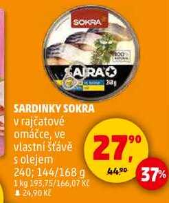 SARDINKY SOKRA v rajčatové omáčce,  240; 144/168 g 