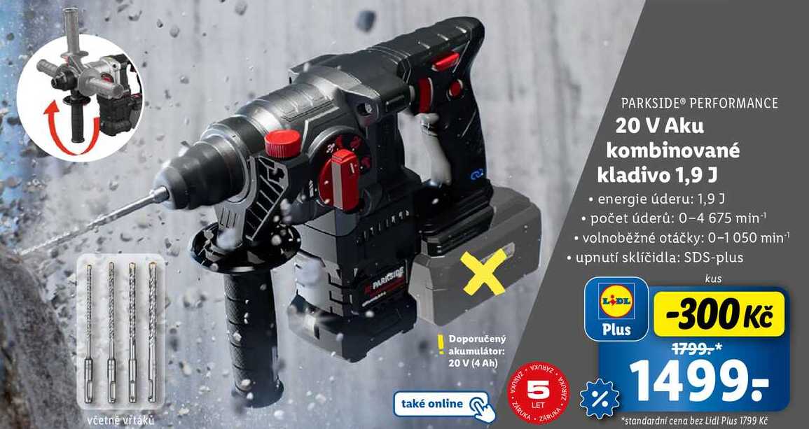 20 V Aku kombinované kladivo 1,9 J 