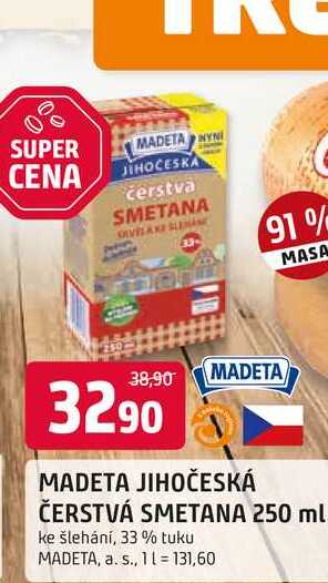 Madeta Jihočeská smetana ke šlehání 33 % 250ml