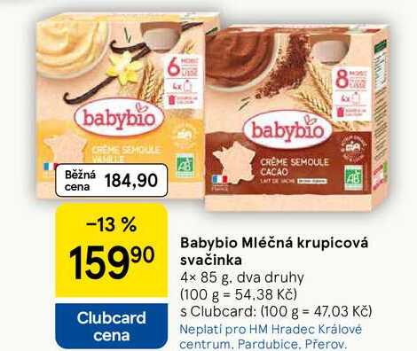 Babybio Mléčná krupicová svačinka, 4x 85 g