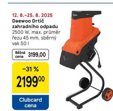 Daewoo Drtič zahradního odpadu, 2500 W, max. průměr řezu 45 mm, sběrný vak 50 l