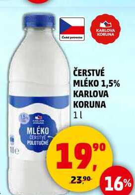 ČERSTVÉ MLÉKO 1,5% KARLOVA KORUNA, 1 l 