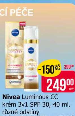 Nivea Luminous CC krém 3v1 SPF 30, 40 ml, různé odstíny 