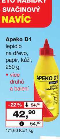 Apeko D1 lepidlo na dřevo, papír, kůži, 250 g 