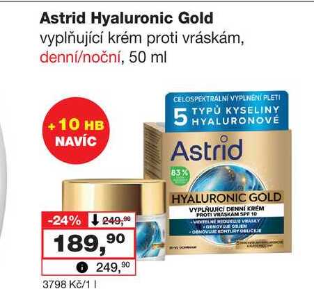 Astrid Hyaluronic Gold vyplňující krém proti vráskám, denní/noční, 50 ml 