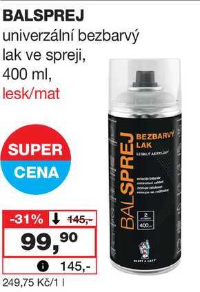 BALSPREJ univerzální bezbarvý lak ve spreji, 400 ml, lesk/mat 
