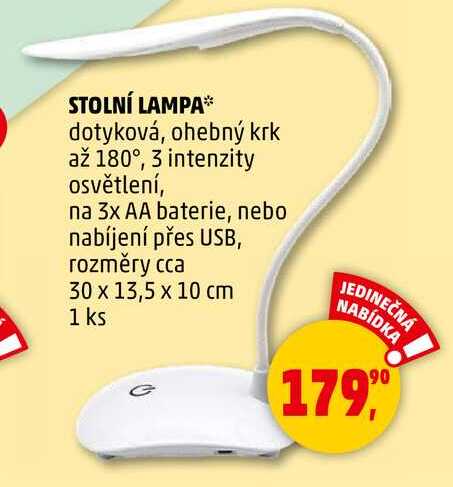STOLNÍ LAMPA, dotyková, ohebný krk až 180°, 3 intenzity osvětlení, na 3x AA baterie, nebo nabíjení přes USB, rozměry cca 30 x 13,5 x 10 cm, 1 ks  