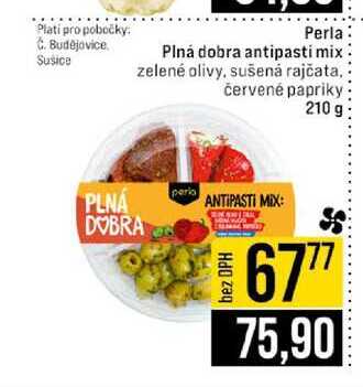 Perla Plná dobra antipasti mix zelené olivy, sušená rajčata, perio červené papriky 210 g