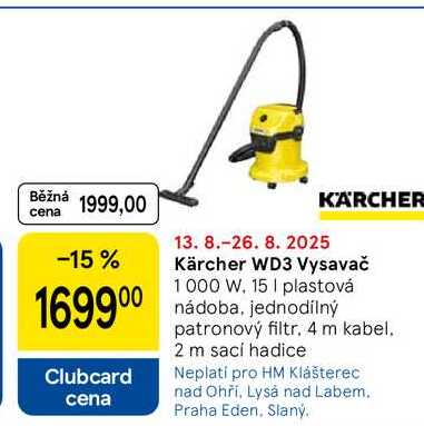 Kärcher WD3 Vysavač, 1000 W. 15 I plastová nádoba, jednodílný patronový filtr, 4 m kabel. 2 m sací hadice 