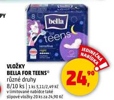 VLOŽKY BELLA FOR TEENS různé druhy, 8/10 ks  