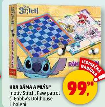 HRA DÁMA A MLÝN motiv Stitch, Paw patrol či Gabby's Dollhouse, 1 balení 