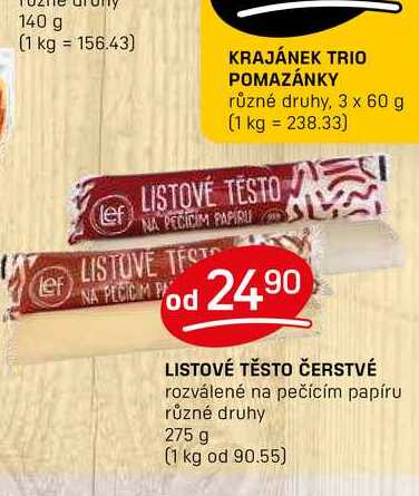 LISTOVÉ TĚSTO ČERSTVÉ rozválené na pečícím papíru různé druhy 275 g
