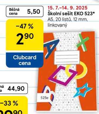 Školní sešit EKO 523, A5, 20 listů, 12 mm. linkovaný 