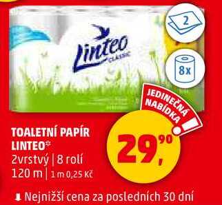 TOALETNÍ PAPÍR LINTEO, 2 vrstvý, 8 rolí