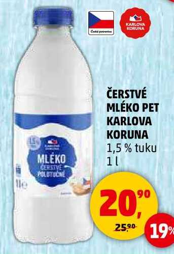 ČERSTVÉ MLÉKO PET KARLOVA KORUNA 1,5% tuku, 1 l