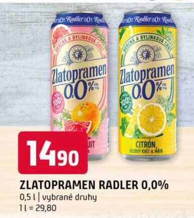 ZLATOPRAMEN RADLER 0,0% 0,5l vybrané druhy 