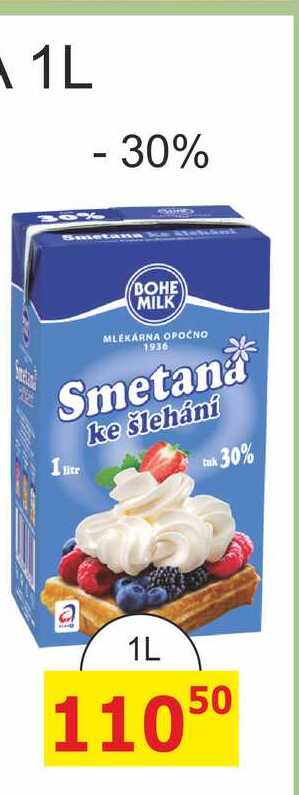 BOHE MILK MLEKÁRNA Smetana ke šlehání tuk 30%, 1L