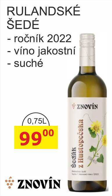 ZNOVÍN RULANDSKÉ ŠEDÉ - ročník 2022, víno jakostní, Suché 0,75L 
