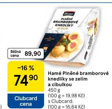 Hamé Plněné bramborové knedlíky se zelím a cibulkou, 450 g 