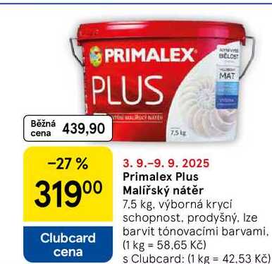 Primalex Plus Malířský nátěr,  7.5 kg. výborná kryci schopnost, prodyšný. Ize barvit tónovacími barvami.  