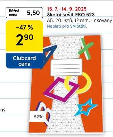 Školní sešit EKO 523 A5. 20 listů, 12 mm, linkovaný 