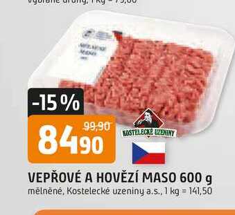 KOSTELECKÉ UZENINY VEPŘOVÉ A HOVĚZÍ MASO 600 g mělněné