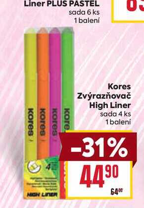 Kores Zvýrazňovač High Liner sada 4 ks 1 balení