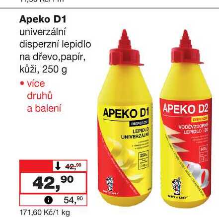 Apeko D1 univerzální disperzní lepidlo na dřevo,papír, kůži, 250 g