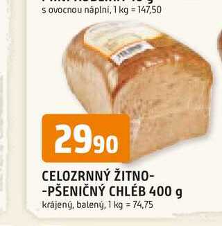 CELOZRNNÝ ŽITNO-PŠENIČNÝ CHLÉB 400 g krájený, balený
