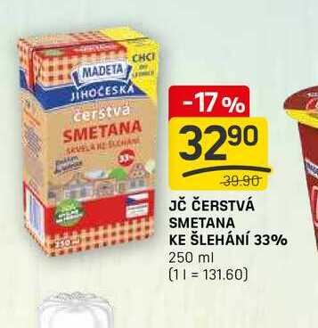 JČ ČERSTVÁ SMETANA KE ŠLEHÁNÍ 33% 250 ml 
