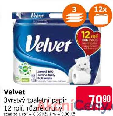 Velvet 3vrstvý toaletní papír 12 rolí, různé druhy 