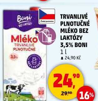 TRVANLIVÉ PLNOTUČNÉ MLÉKO BEZ LAKTÓZY 3,5% BONI, 1 l 