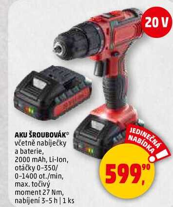 AKU ŠROUBOVÁK včetně nabíječky a baterie, 2000 mAh, Li-Ion, otáčky 0-350/ 0-1400 ot./min, max. točivý moment 27 Nm, nabíjení 3-5 h, 1 ks 