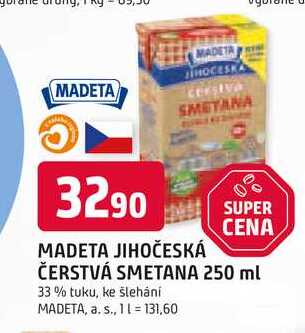 MADETA ČERSTVÁ SMETANA 250 ml 33 % tuku, ke šlehání 