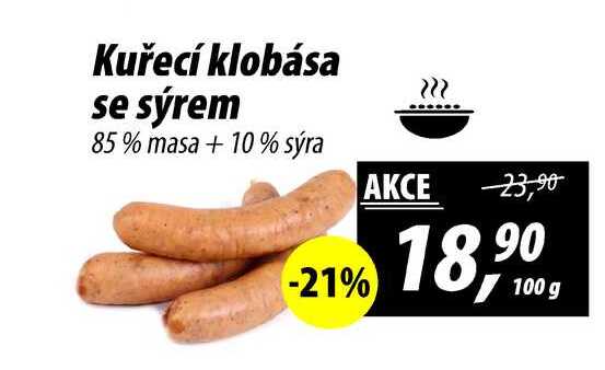 Kuřecí klobása se sýrem 85% masa +10% sýra, 100 g