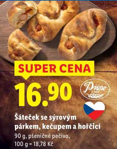 Šáteček se sýrovým párkem, kečupem a hořčicí, 90 g