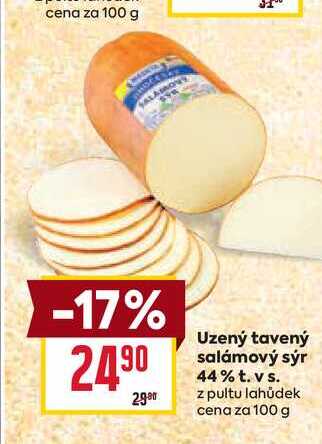 Uzený tavený salámový sýr 44% t. vs. z pultu lahůdek cena za 100g